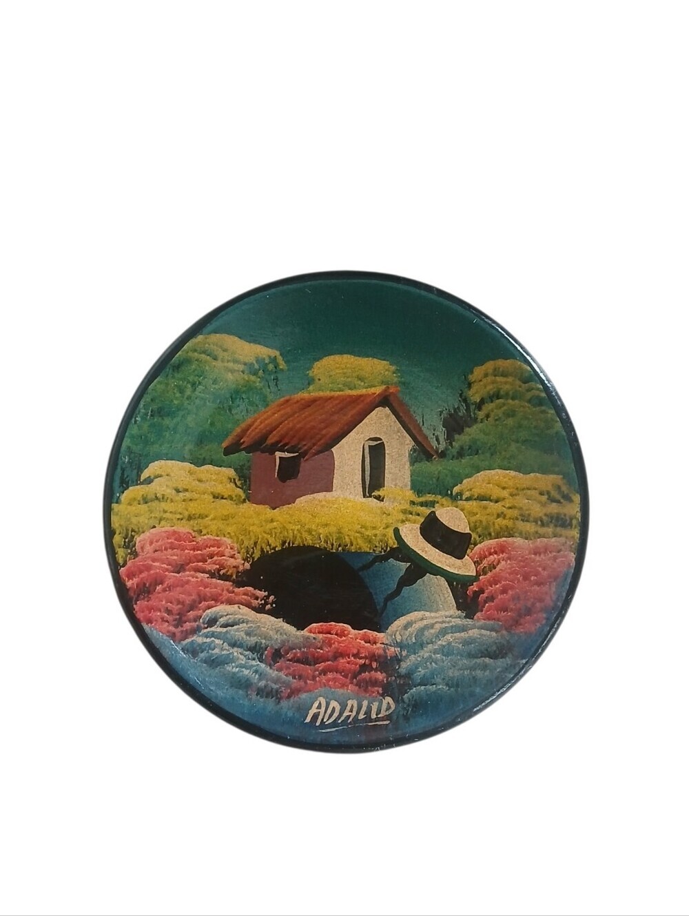 Ecuador Folk Art Hand-Painted Landscape Trinket Small Dish Signed Adalid 5.5"